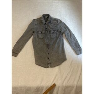 BP Studded Acid Wash Denim Button Down Shirt Dress Long Sleeve Women's Small